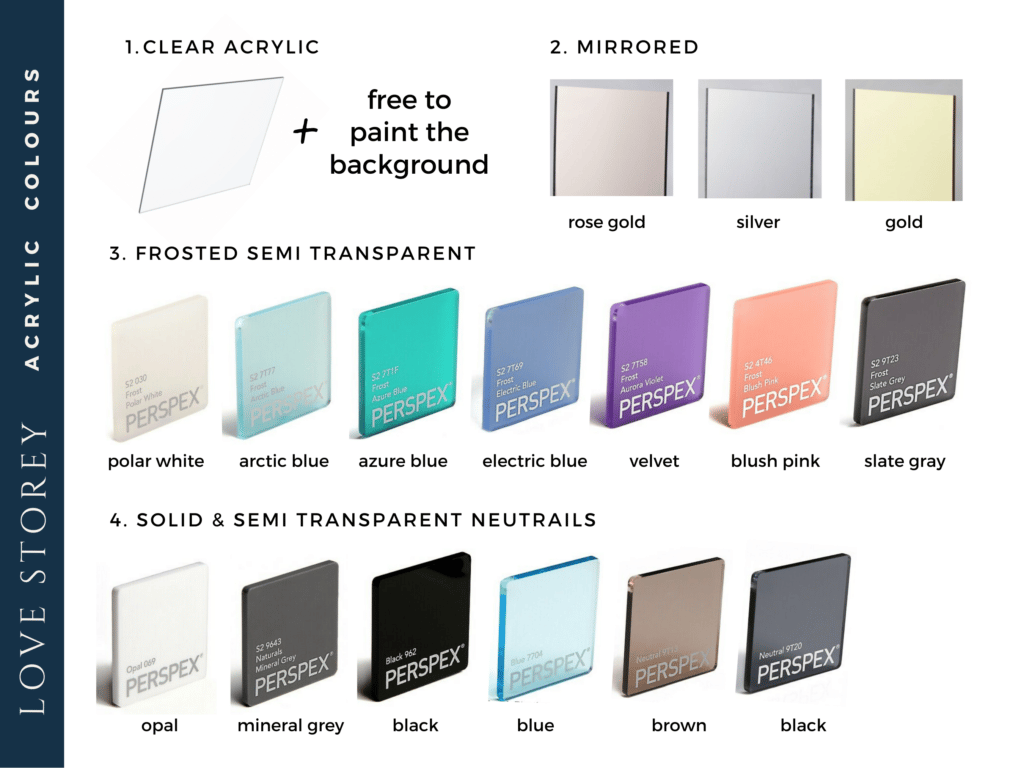 The full range of acrylic boards. Displayed are a clear acrylic, mirrored acrylic, gold acrylic, rose gold acrylic, frosted acrylic, black acrylic.