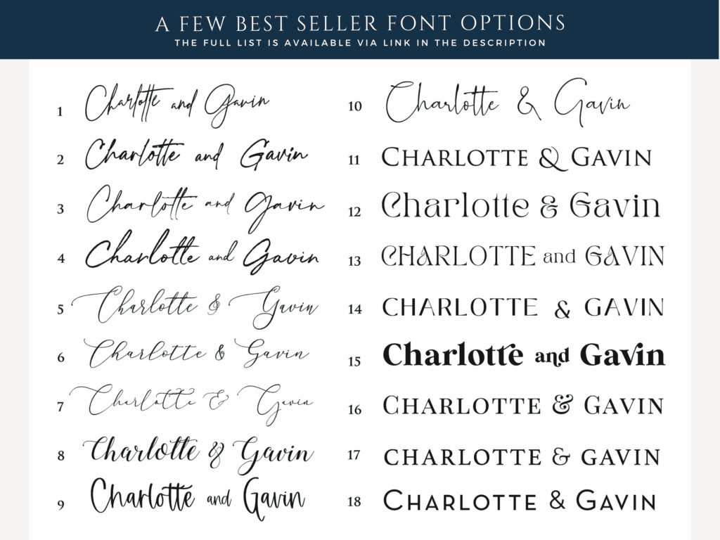 Displayed are the full range of wedding fonts which are popular for weddings 2023 and weddings 2024.