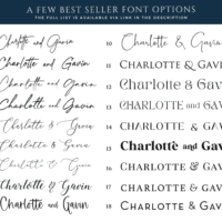 Displayed are the full range of wedding fonts which are popular for weddings 2023 and weddings 2024.